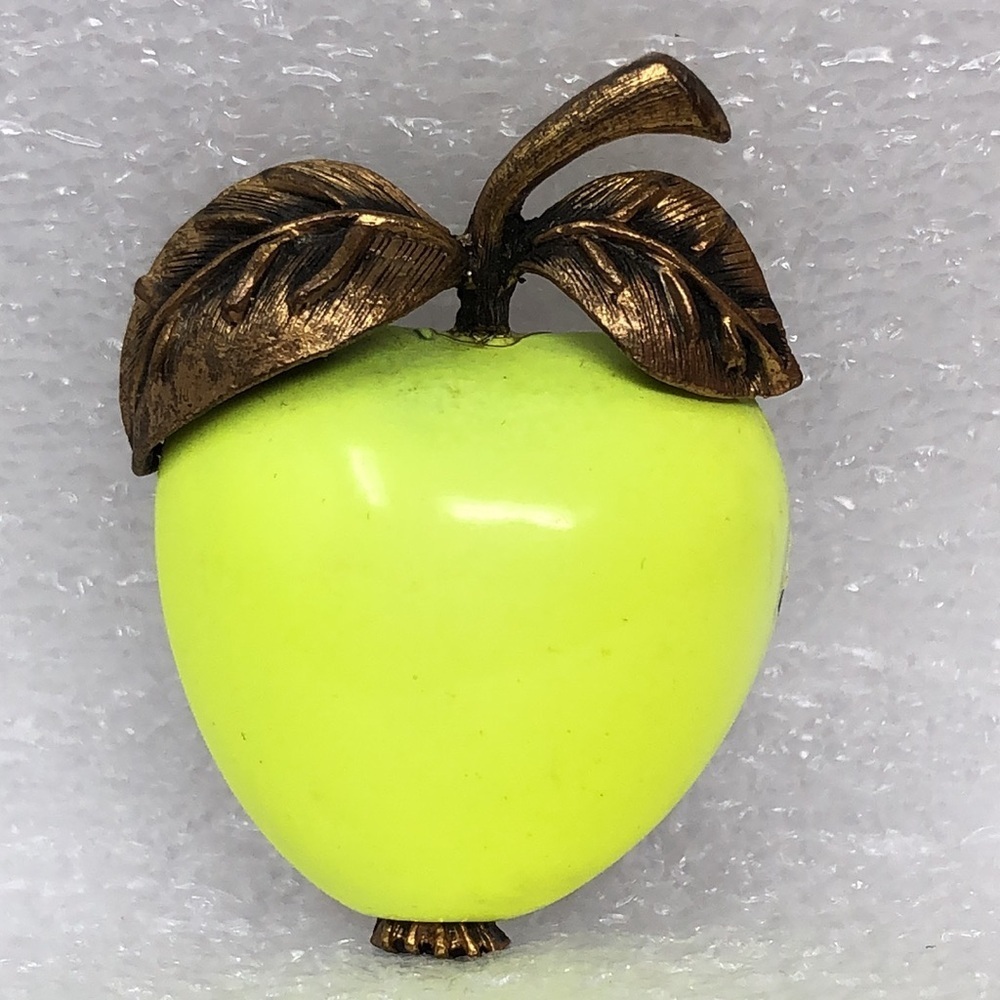 Vintage Brooch Enamel Green Yellow Apple Metallic